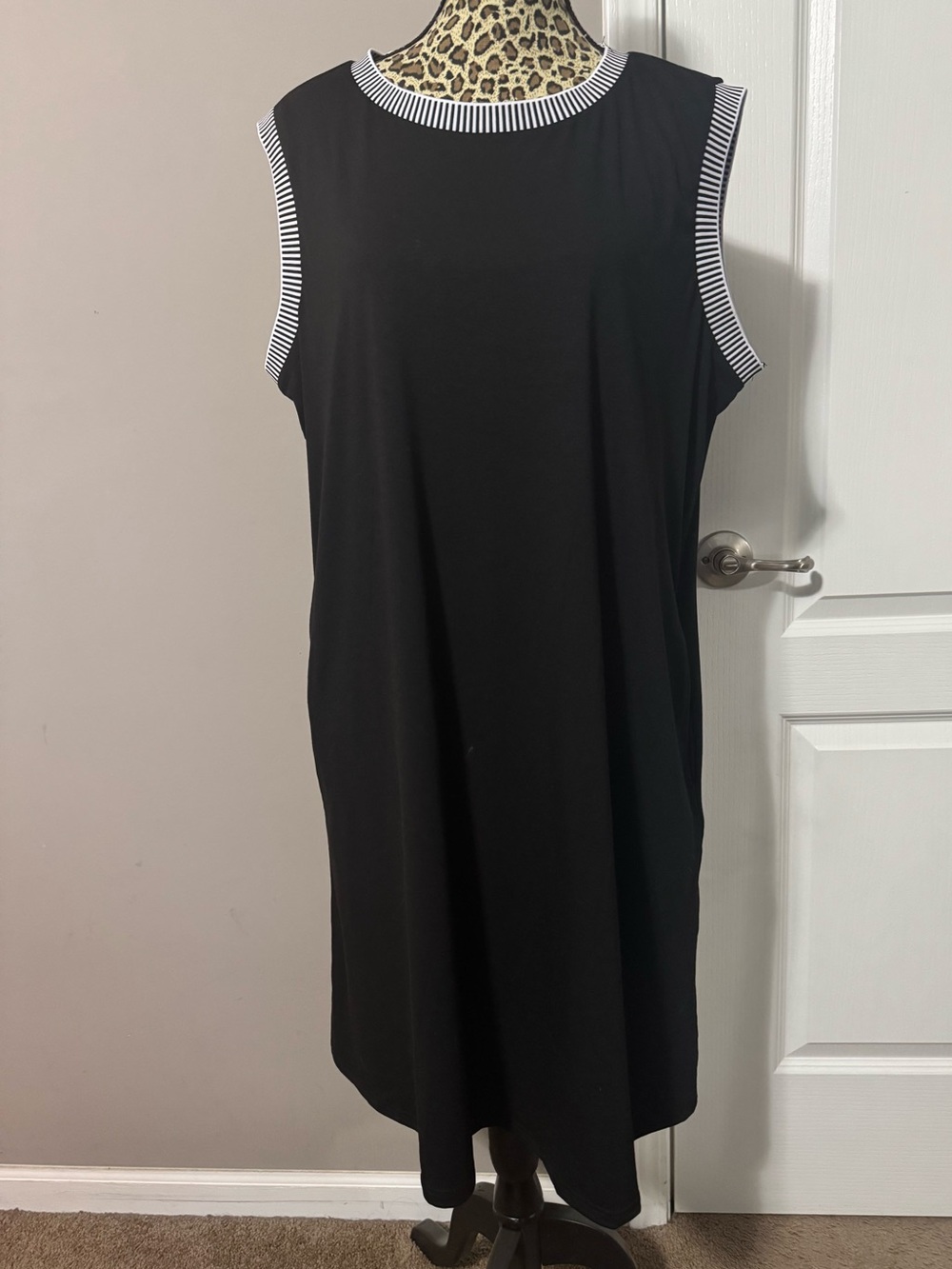Sleeveless Black Shift Dress with Striped Trim